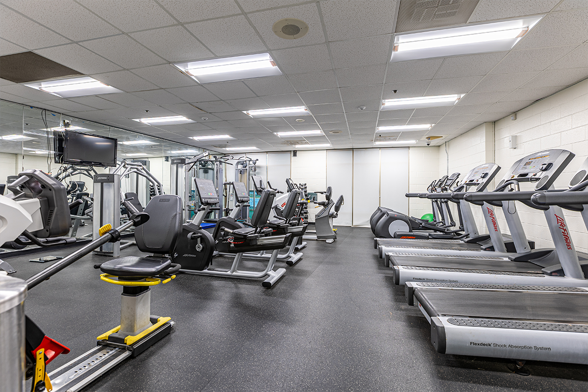 A fitness room with gray flooring, one mirrored wall, and multiple pieces of exercise equipment, including treadmills, elliptical machines, recumbent bikes, weight machines, and more. A tv is mounted on the mirrored wall.