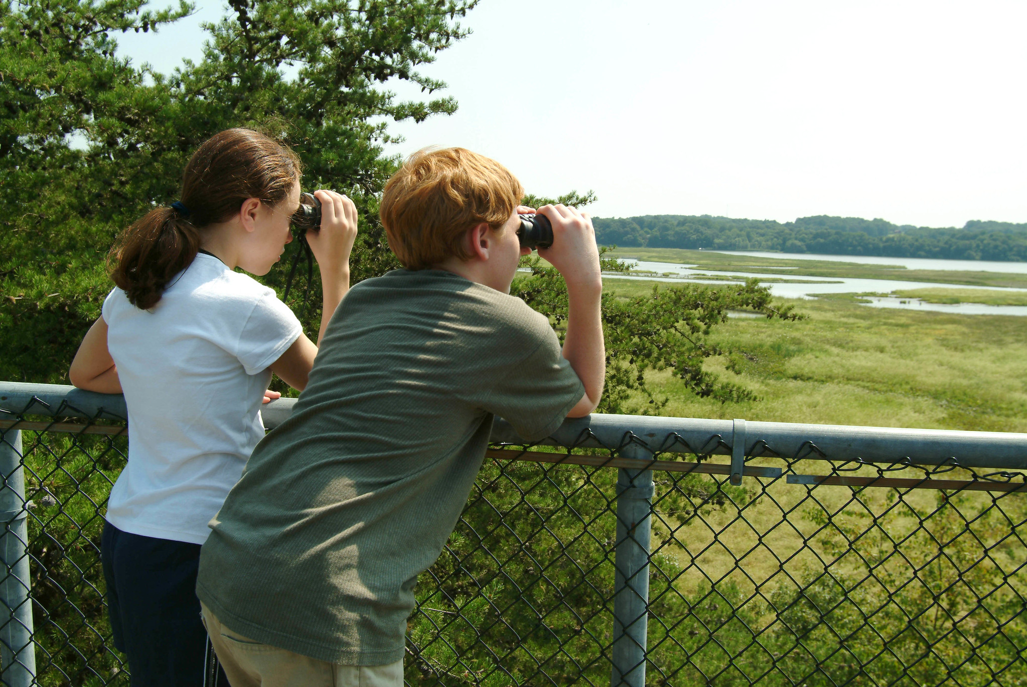 A boy and a girl rest their elbows on the top of a chain-link fence, using binoculars to look out across a marshy wetland area with a body of water in the distance.