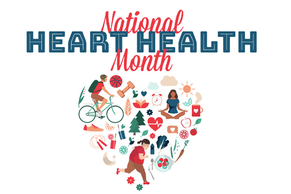 "National Heath Health Month" A drawn picture of a person biking, a person meditating, and a person running. They are surrounded by healthy items, like exercise equipment, healthy foods, and nature and outdoors. All of the images are arranged together in a collage that looks like a heart.