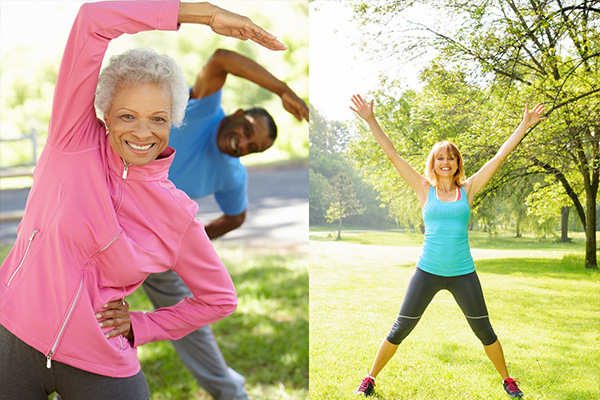 Composite image showing adults in exercise clothing doing stretches outdoors in the grass.