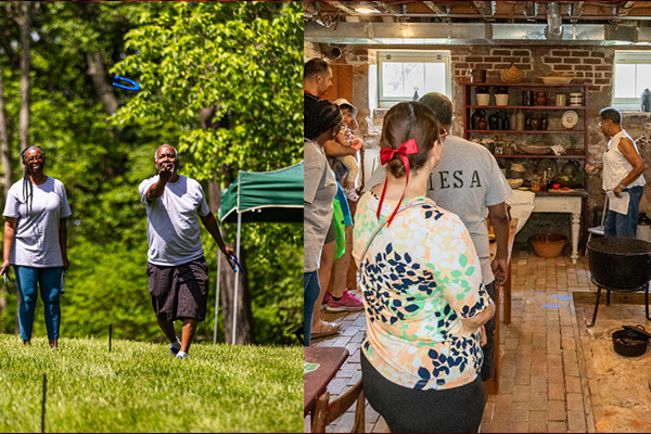 Composite image showing adults playing horseshoes and visitors listening to a guide speak in a historic kitchen.