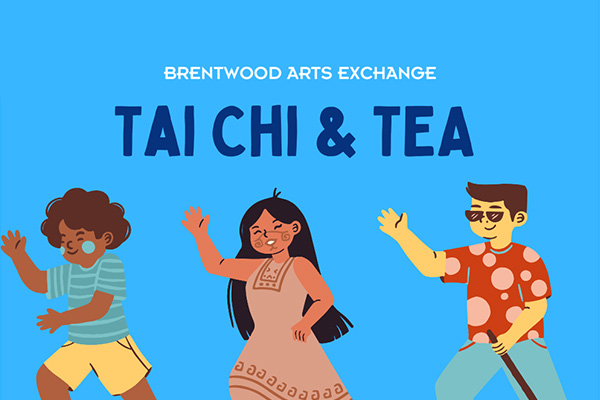 Graphic with the words Tai Chi & Tea above three cartoon figures with their right arms raised.
