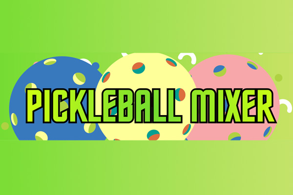 Graphic with three colorful pickleballs on green background displaying bold text “Pickleball Mixer” across the center.