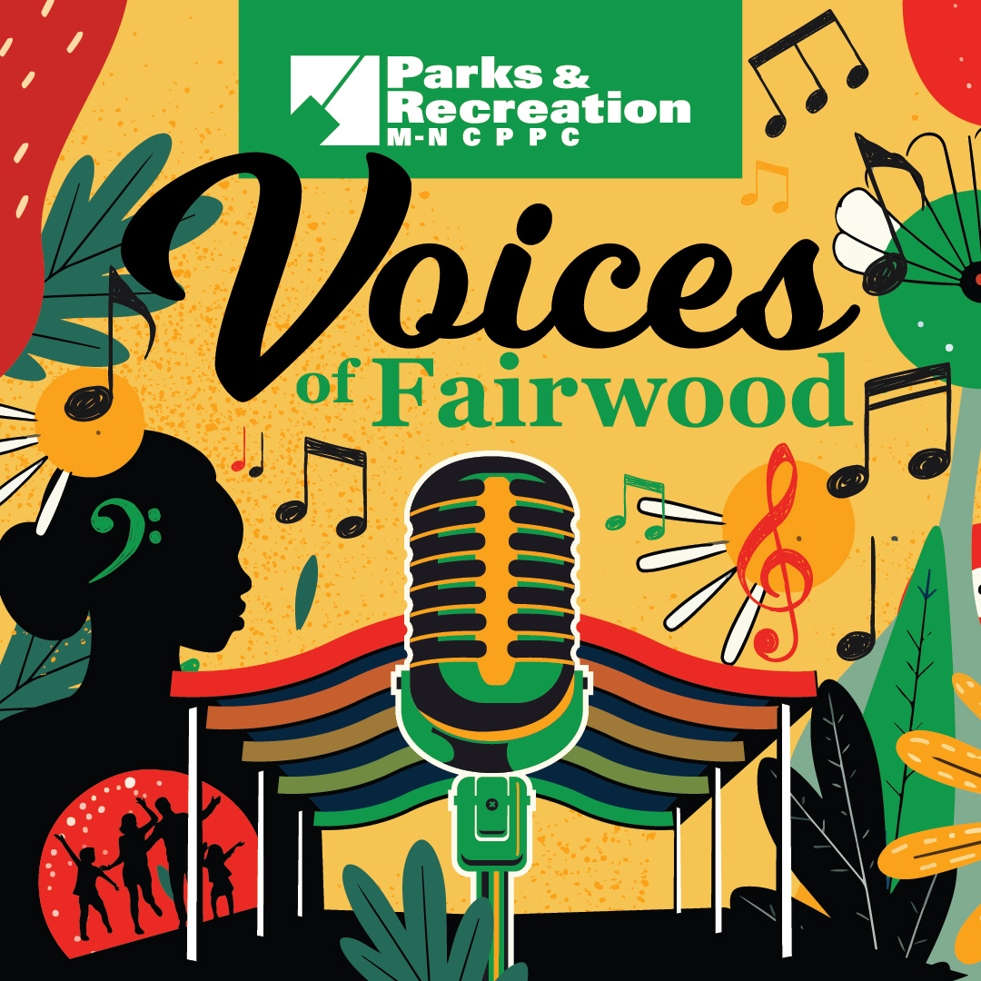 **Alt text (17 words):** Colorful poster reading Voices of Fairwood with microphone, music notes, pavilion stage, and Parks and Recreation logo.