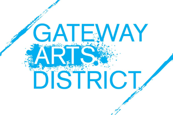 Graphic with the words Gateway Arts District in turquoise blue on a white background.
