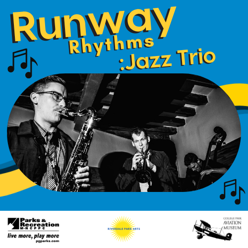 Black and white photo of three musicians playing saxophone, trumpet, and bass, top text reads Runway Rhythms Jazz Trio, logos along bottom.