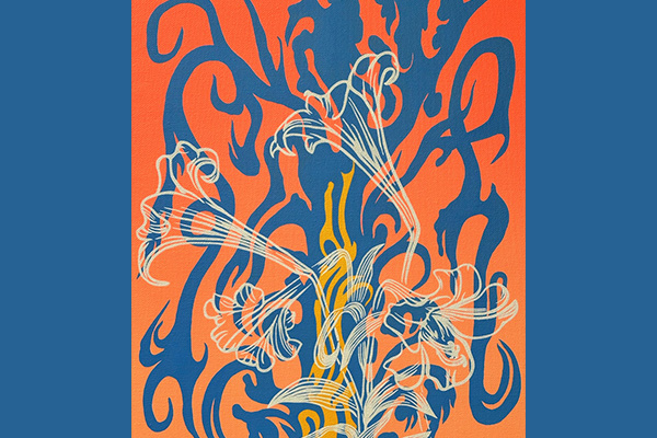 Abstract artwork featuring lilies in white linework overlaid on a blue and orange biomorphic design.