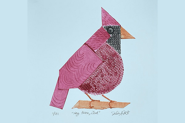 Artwork featuring a cardinal made with geometric shapes and patterned linework.