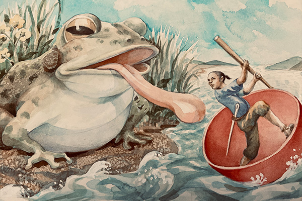 Watercolor artwork depicting a tiny person sailing in a bowl steered by a chopstick, while a giant frog attempts to catch them with its tongue.