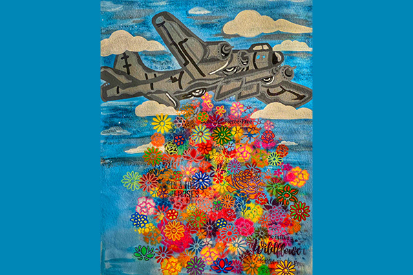 Artwork depicting colorful flowers and snippets of text being dropped from a flying aircraft.