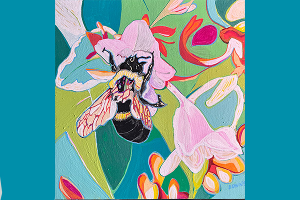 Painting depicting a bee on a pink flower.