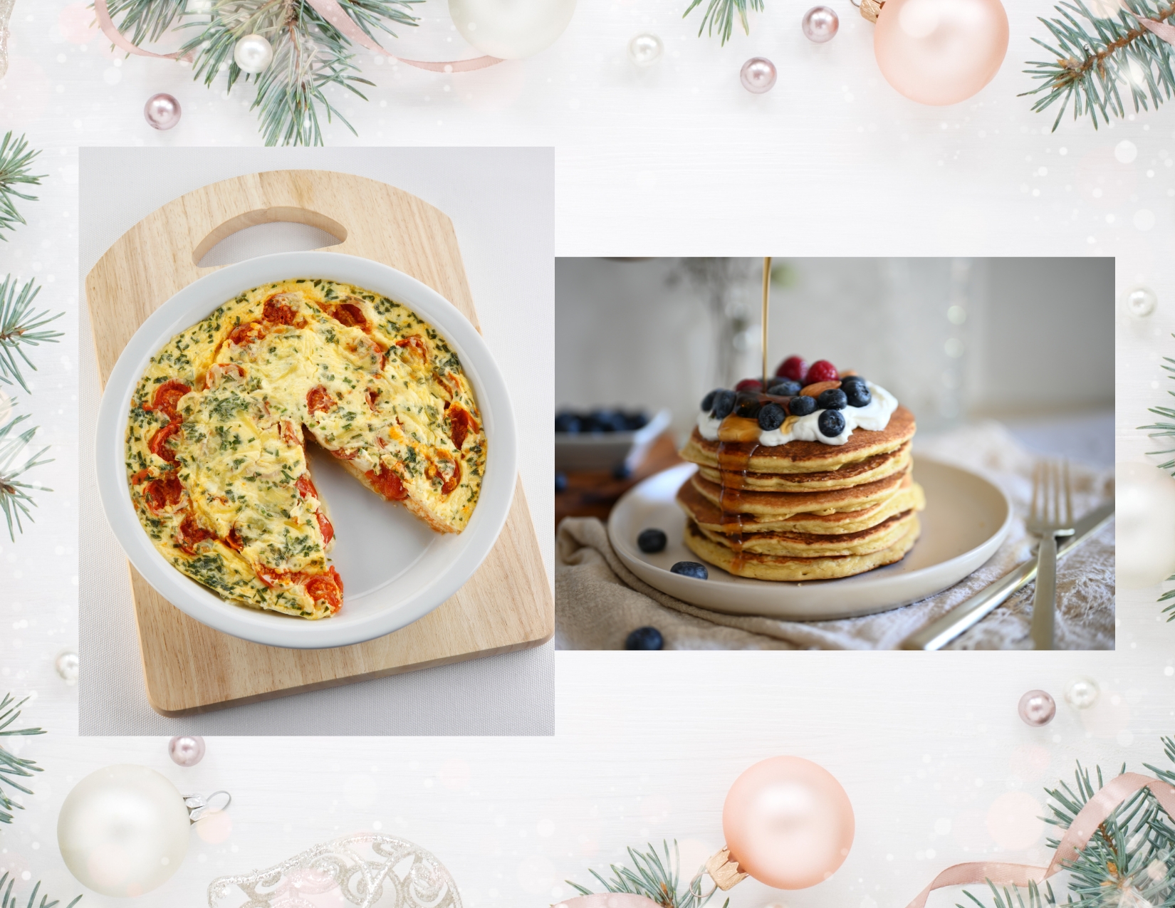 A festive border frames a sliced baked tomato frittata and a stack of pancakes topped with berries, yogurt, and syrup.