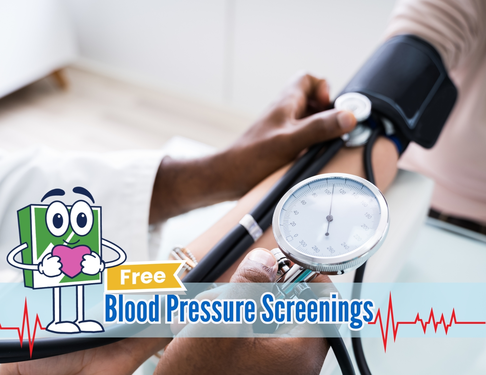 Close-up of a healthcare provider taking a patient's blood pressure using a manual cuff and gauge, featuring a "Free Blood Pressure Screenings" banner.