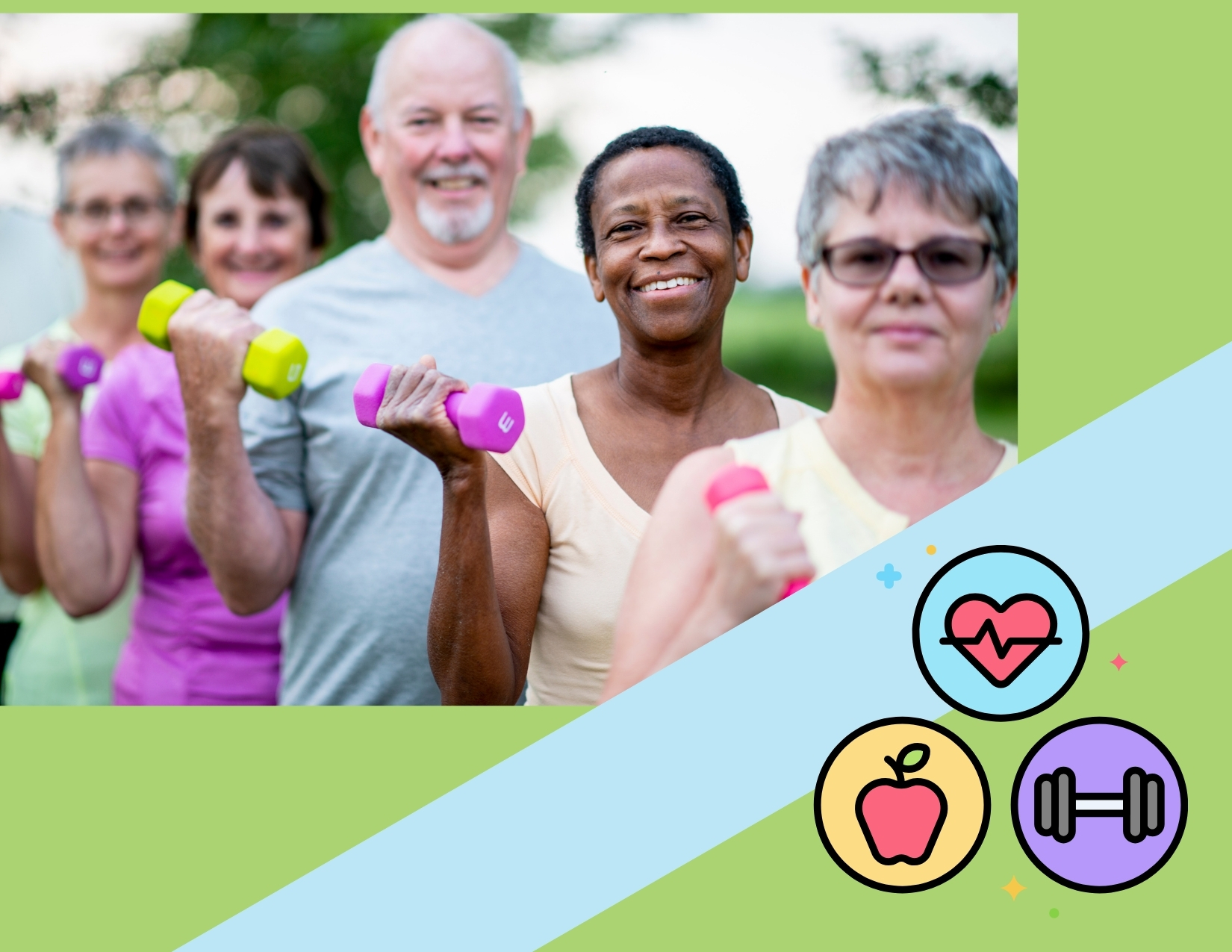 A group of active older adults smiling while lifting colorful hand weights outdoors, beside health, apple, and dumbbell icons.