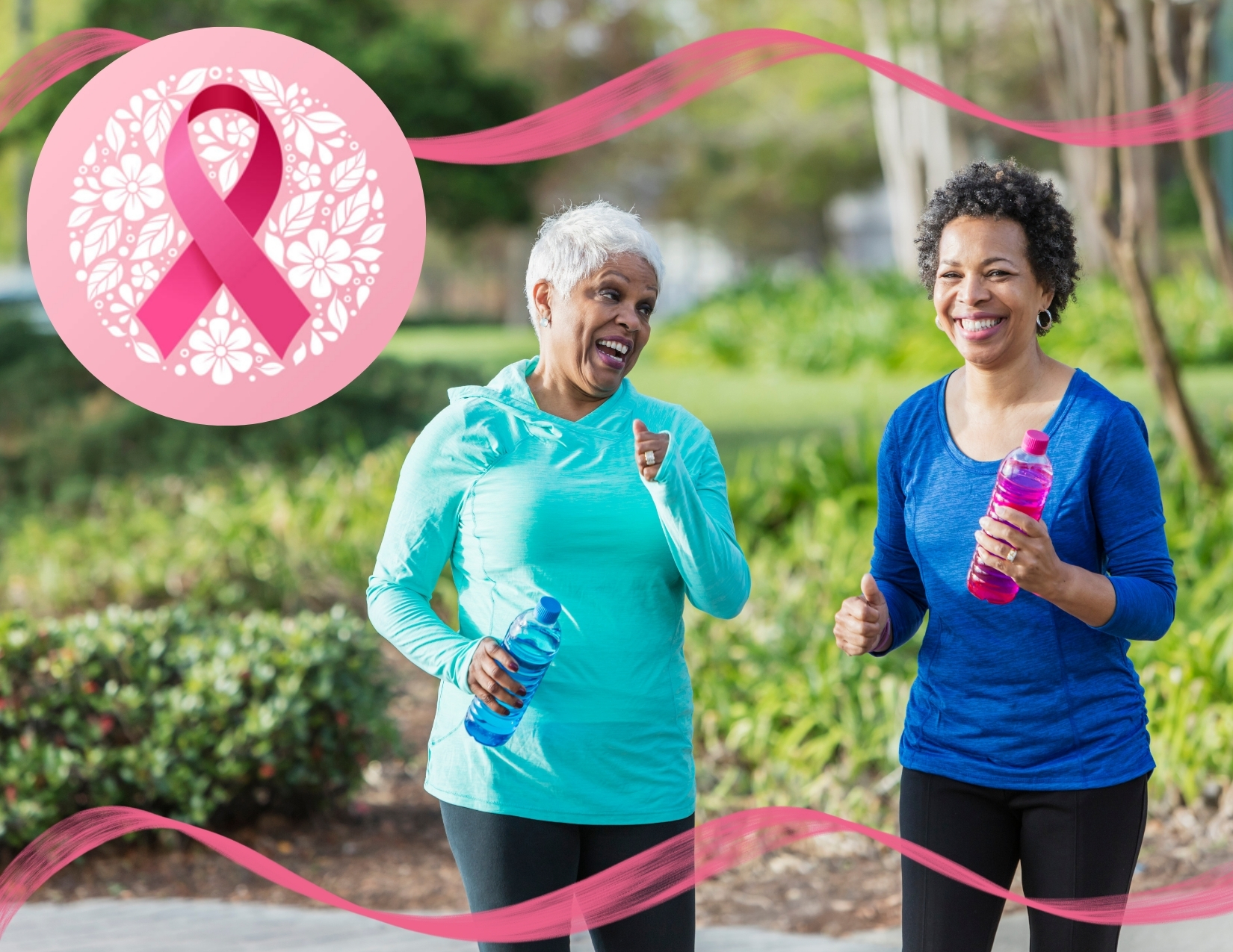 Two smiling women holding water bottles outdoors, framed by pink ribbon graphics for breast cancer awareness.
